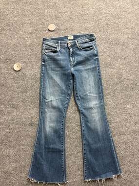 MOTHER The Hustler Ankle Fray Raw Hem Flare Jeans in Mid Wash